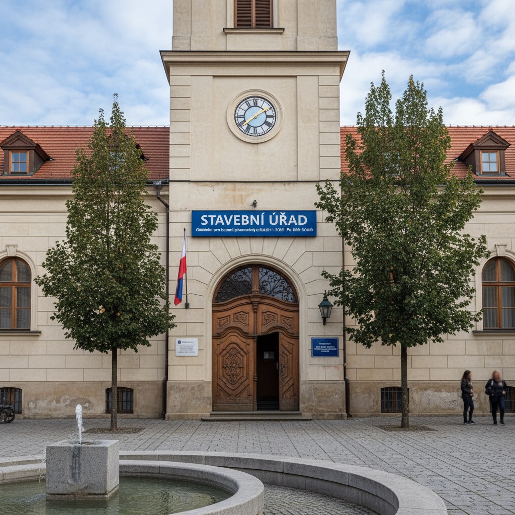 Historická budova stavebního úřadu s věžními hodinami a fontánou na dlážděném náměstí.