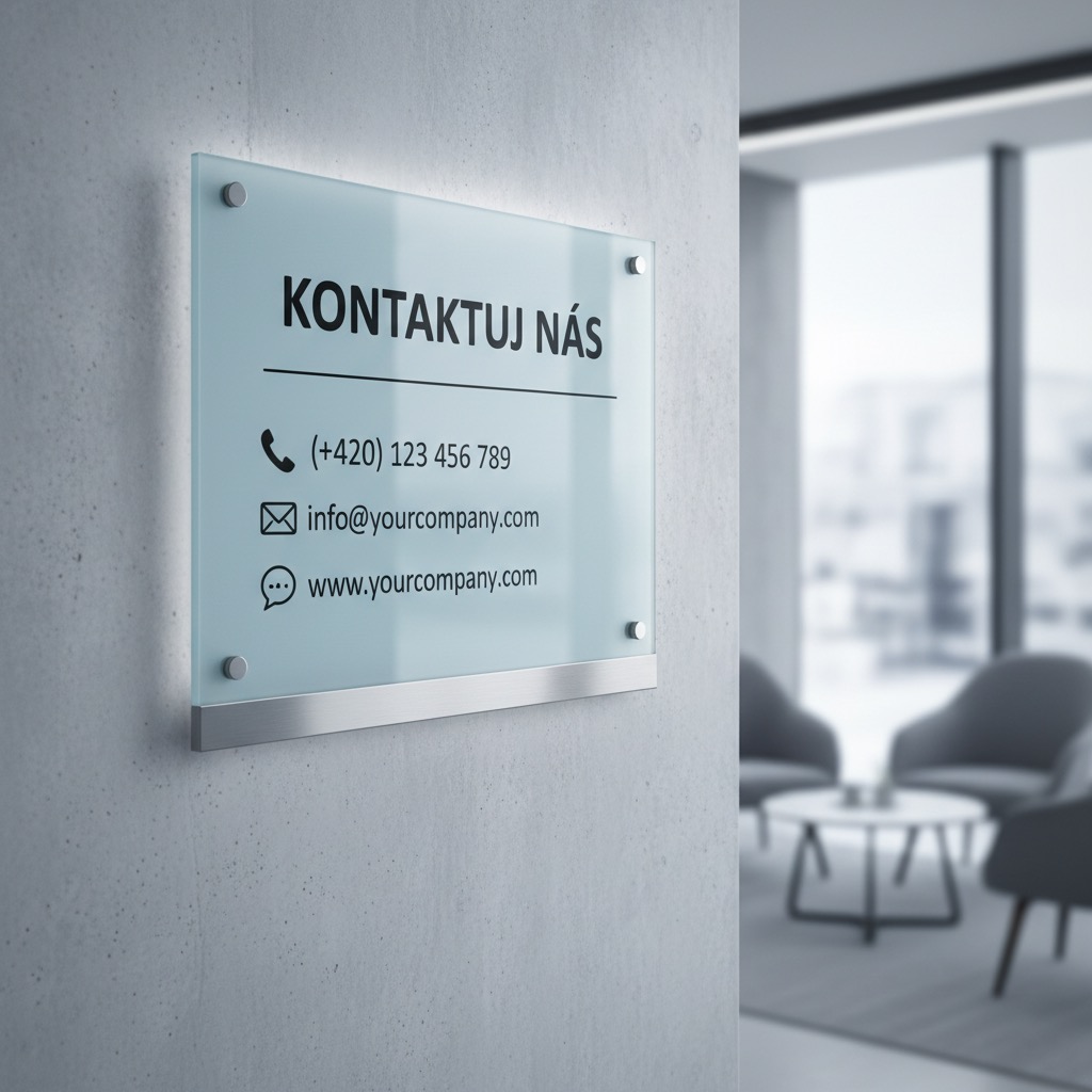 Skleněná informační tabule s kontaktními údaji připevněná na betonové stěně v kancelářských prostorách.